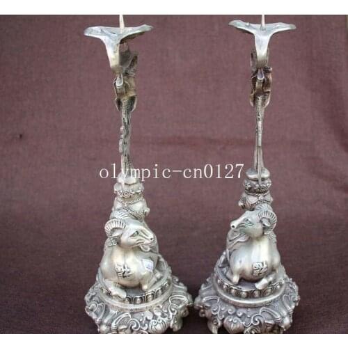 Pair 13'' bronze copper silver plating carvings animal sheep candlestick statue
