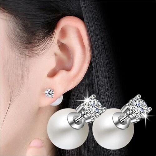 Zircon Big Simulated Double Sided Pearls Studs Earring For Women Fashion Fine Metal Geometry Star Removable Earring Jewelry