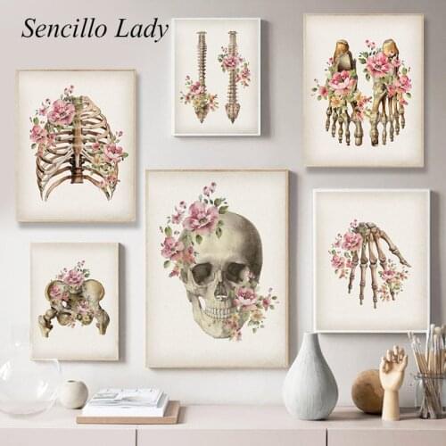 Floral Anatomy Medical Canvas Painting Skull Spine Rib Cage Skeleton Poster Wall Art Print Picture Modern Living Room Decoration