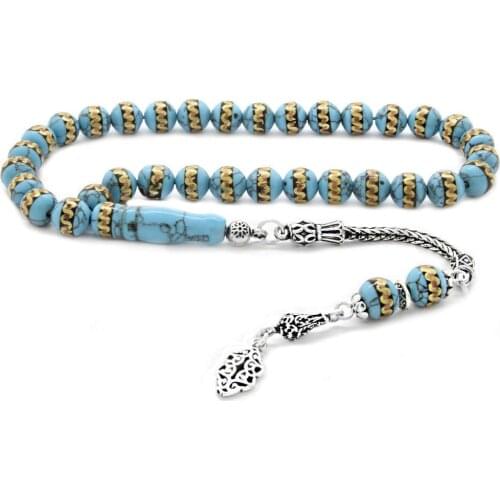 Babba 925 Sterling Silver Tasseled Spiral Tasbih-Brass Engraved Turquoise Natural Stone Tasbih