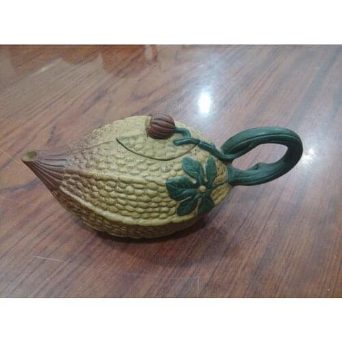 Old Chinese Handcraft Enameled YiXing Zi Sha Clay (yellow stoneware) Teapot ,Fruit,with mark,Free shipping