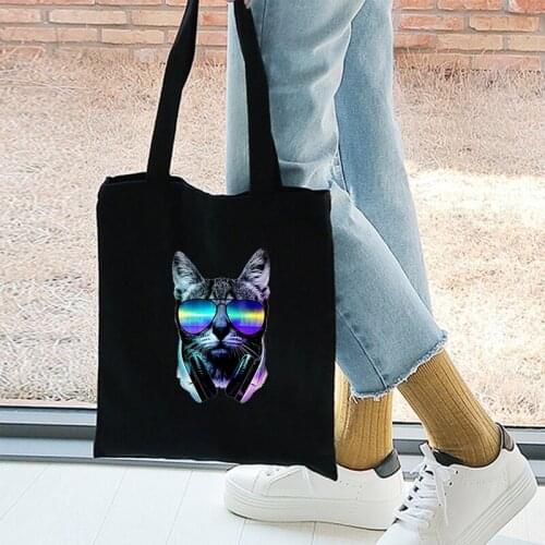 Ulzzang Cat Shopping Tote Bag Animal Print Fashionable Simple Canvas Handbag Tote Bags Personality Creative Unisex Shoulder Bag