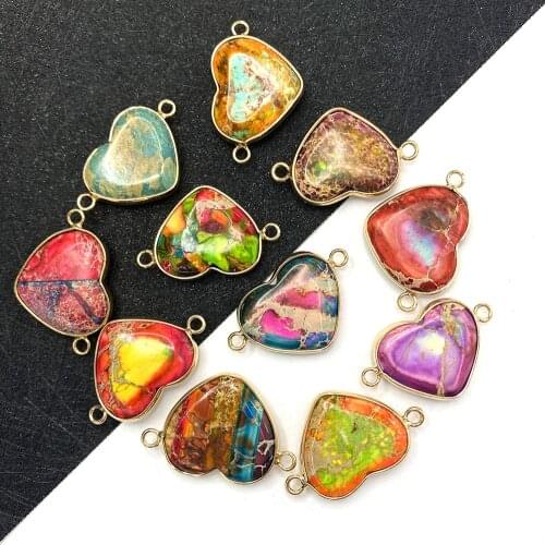Love Heart-shaped Natural Stone Emperor Stone Connector Colorful Aura Stone Two-hole Pendant DIY Jewelry Accessories 21x33mm
