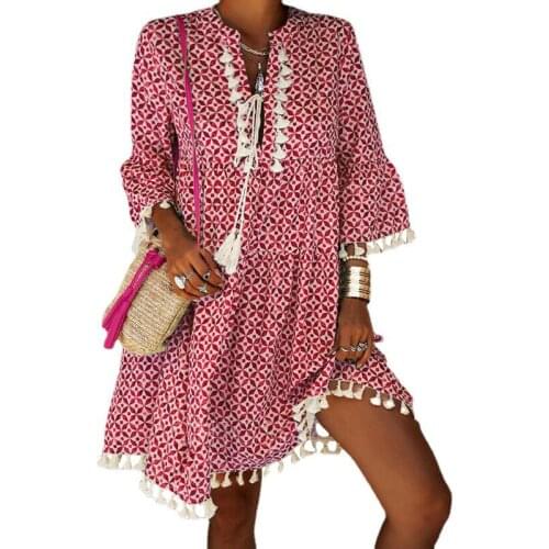 Spring and Autumn New Womens Wear Shredded Flower Seven-point Cuffs of Suede V-neck Loose Dress