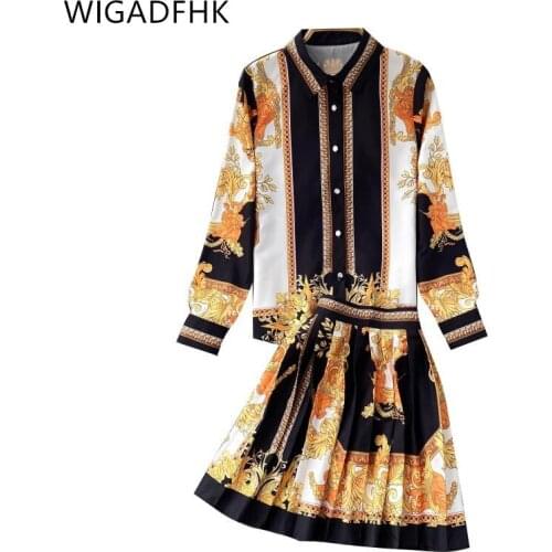 WIGADFHK 2021 Fashion Two-piece Womens Suit Retro Printed Long Sleeve Top and Pleated Short Skirt Chic Womens Womens Clothing