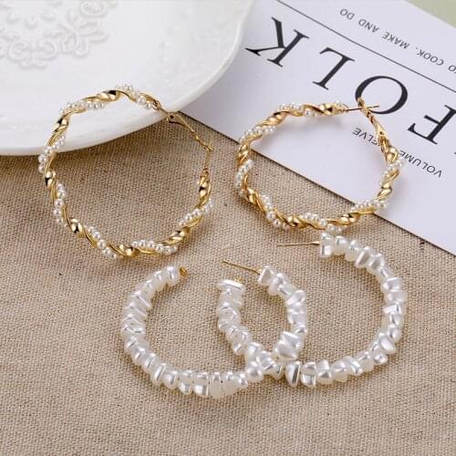 VKME Korean Twisted Pearl Gold Hoop Earrings For Women Simple Geometric Circle Earring Big Round Earings Fashion Wedding Jewelry