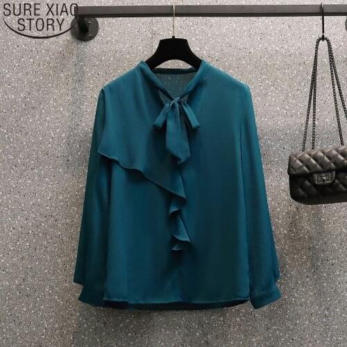 Fashion Bow V-neck Women Loose Clothing 2021 New Plus Size 4XL Women Shirts Chiffon Blouse Long Sleeve Tops Blusa Mujer 16668