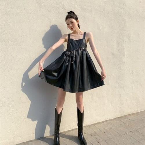 Dark street handsome Bow Pendant Chain New Womens Leather Dress Casual PU Leather Dresses Black Sexy Female Shorts Dress