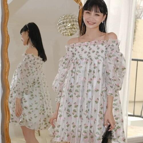Women Dress 2021 Summer One-word Neck Puff Sleeve Off-shoulder Jacquard Pleated Sweet Loose Dress