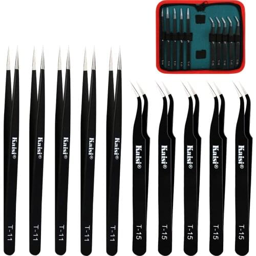 10Pcs ESD Antistatic Tweezers Tool Set High Tip Curved Straight Tweezer Stainless Industrial Precision Repair Tool Kit