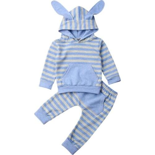 2019 Baby Boys Girls Striped Rabbit Ears Long Sleeve Hooded Tops Leggings Pants 2pcs Clothes Tracksuit Size 0-24M
