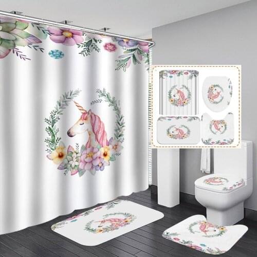 Unicorn Flower White Shower Curtain with Mat Toilet Cover Set Bathroom Waterproof Polyester Decor Customized Design Fast Ship