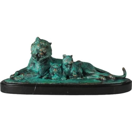 Bronze Sculpture Tiger Family Tigress with Cubs Statue Art Hot Casting Brass Marble Base Office Home Decor