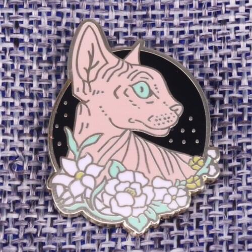 Beautiful Sphynx Surrounded By Flowers Enamel Pin Floral Hairless Cat Badge Original Illustration Inspired Art Accessory