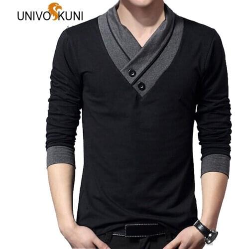 UNIVOS KUNI Spring T-Shirt Mens Long Casual Sleeve Shirts Men Slim Fit V-Neck Tops Tee Fashion Plus Size M-5XL Male Shirt Q5155