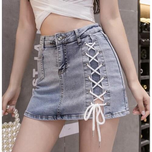 GGright Mini Denim Bandage Skirt Women Harajuku Jeans Summer Autumn High Waist Sexy Casual Tie Bow Ladies Shorts Skirts Ruched
