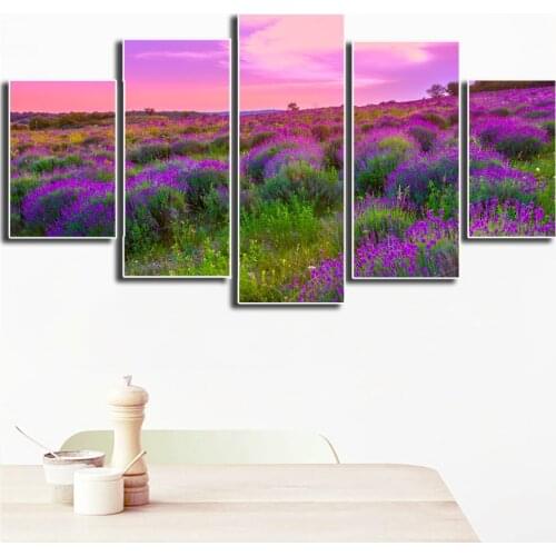 HD Canvas Painting Art Poster Purple Flower Romantic Landscape Wall Stickers Home Decor Bedroom Combination Five-piece Frameless