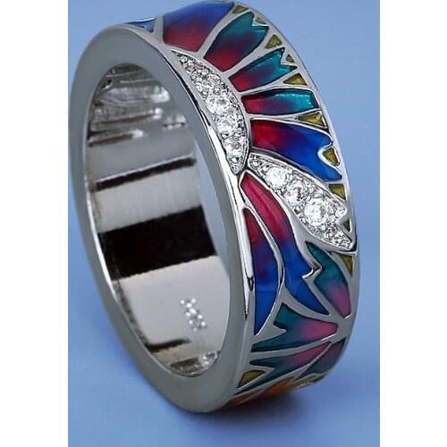 Classic Colorful Epoxy Silver Ring Sun Shape Womens Ring Exquisite Wedding Bridal Ring Handmade Enamel Wedding Rings