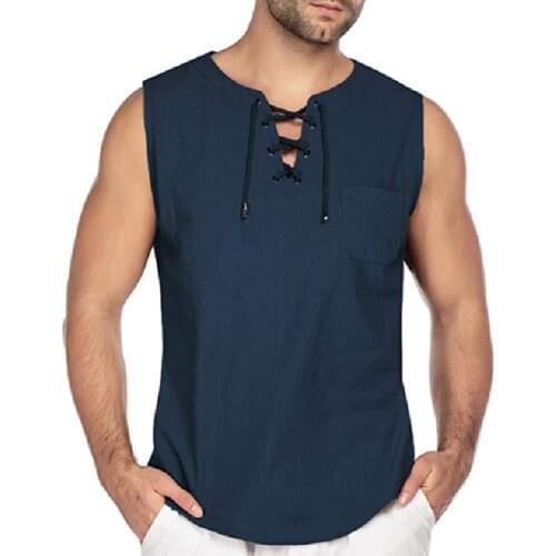 2021new Summer Fashion Casual Mens Pure Color Linen Sleeveless Sport Loose Lacing Men Tank Tops