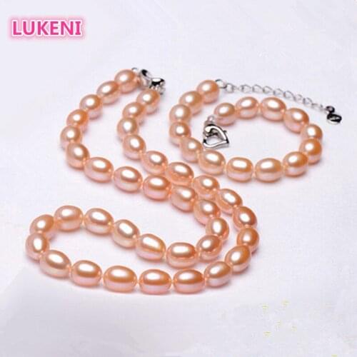 Fashion simple pearl jewelry set for women 7-9mm perfect rice-shaped natural pearl necklace + bracelet mom birthday best gift