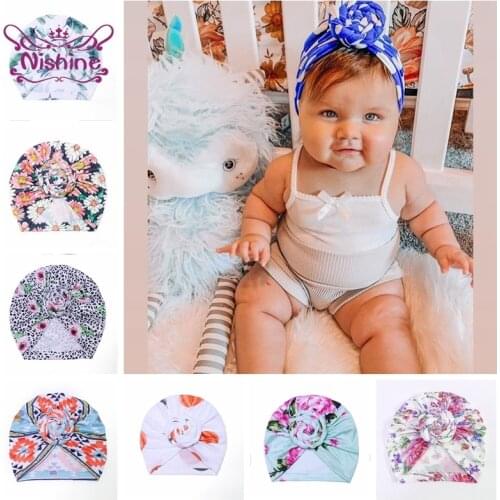 Nishine 16*16.5 CM Vintage Flowers Pattern Baby Girls Indian Hats Fashion Leopard Print Knotted Infant Cap Kids Hair Accessories
