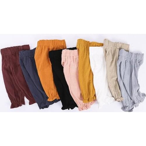 New 0-4Y 2021 Summer Solid Color Linen Pleated Children Ruffle Ankle-length Pants for Baby Girls Pants Harem Pants for Girls Kid
