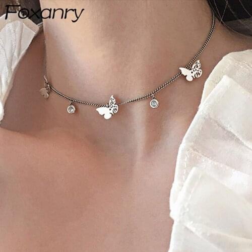 Foxanry 925 Sterling Silver Hollow Butterfly Clavicle Chain Charm Necklace for Women Trendy Elegant Birthday Party Jewelry Gifts