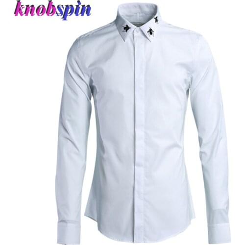 Beading Bee Embroidery Mens Shirt Brand quality 80% Cotton long sleeve Chemise homme Solid Slim Casual Business male Shirts 2019