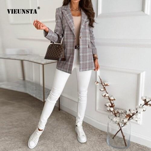 Advanced Fashion Plaid Printing Mid-Length Coat elegant Suit Collar Long Sleeve Slim Single Button Small Suit Female Office 2021