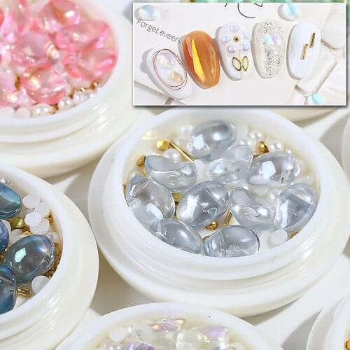 1 Box Nail Art Rhinestone Mixed Crystal Stone Pearl Blue Gems Metal Heart Beads Studs Jewelry for 3D Manicure Decorations