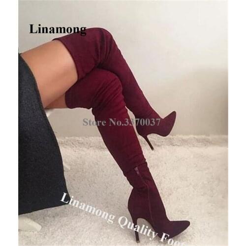 Women Sexy Suede Leather Slim Stiletto Heel Over Knee Boots Pointed Toe Bandage Long High Heel Boots Evening Shoes Big Size Boot