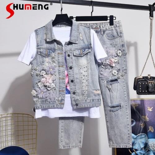 NEW Blue Denim Trouser Suits 2021 Summer Three-Dimensional Flowers Embroidered Pearls Jean Vest Ripped Pant Suit Two-Piece Set
