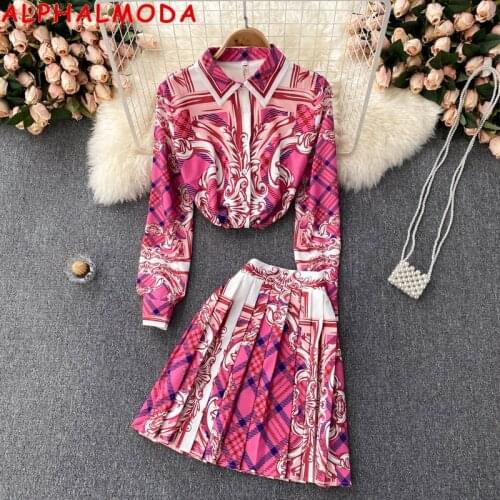 ALPHALMODA 2021 Autumn Womens Fashion Cardigan Long Sleeved Shirt High Waist Pleated Skirt Ladies Fashion Printed 2pcs Suit