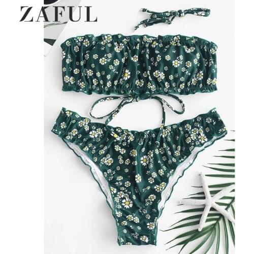 ZAFUL Daisy Print Lettuce Lace-Up Bikini Set Strapless Off The Shoulder Bandeau Bikini Swimwear Women Sexy Bathing Suit 2020