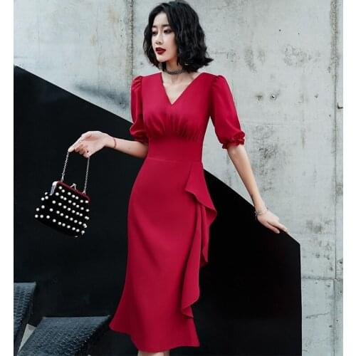 Women Elegant Evening Dress V-Neck Party Dresses Bride Formal Slim Tight Wedding Dress