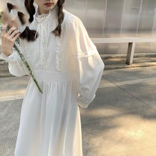 Bella Women Lace Solid Loose Waist Lace-up Bow Sweet White Long Sleeve Dress Elegant Casual Students All-match Autumn Popular