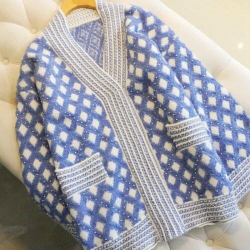 Winter Thick Warm Oversized Knitted Cardigan 2020 Streetwear Fashion V neck Blue Plaid Loose Beaded Lazy Long Sweater Coat