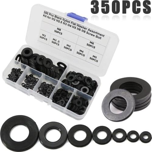 350pcs M2 M2.5 M3 M4 M5 M6 M8 Black Nylon Flat Washer Assortment Sizes Set Matching Kit For Metalworking Washers