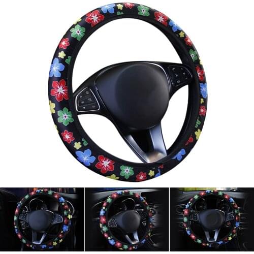 38cm Car Steering Wheel Cover Non-slip Colorful Flower Printing General for Girls Women Car Accessories Interior Decoration