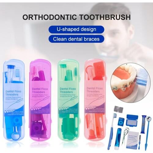 8pcs Orthodontic Dental Care Kit Set Braces Toothbrush/Foldable Dental Mirror Interdental Brush and More with Carrying Case