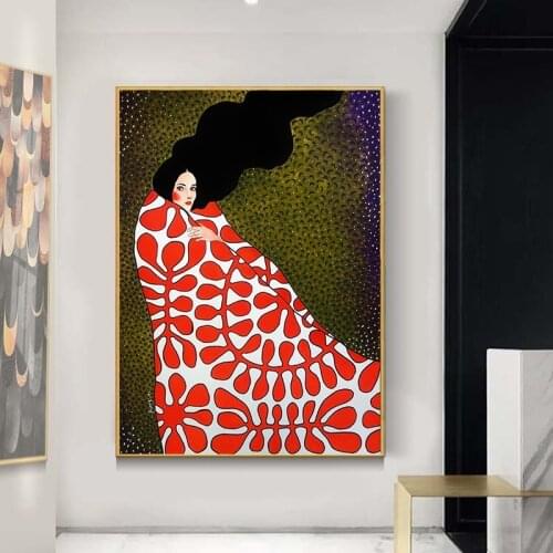 Abstract Girl Wear Red Clothes Vintage Poster Nordic Wall Art Canvas Painting Poster and Prints Scandinavian for Living Room
