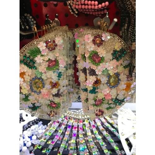 1pair High quality clothing dress appliques heavy handmade 3d flowers with rhinestone patch dress accessories 14cm legth