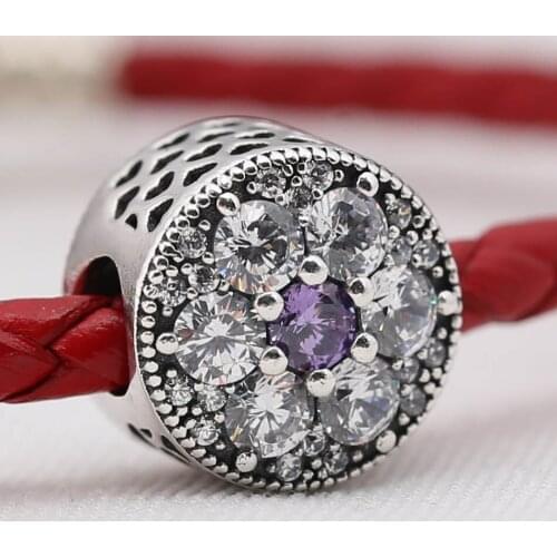 Authentic S925 Silver Bead DIY Jewelry Forget Me Not Charm fit Lady Bracelet Bangle Girl Gift Purple & Clear CZ