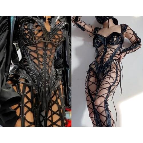 Bandage Rave Clothes Punk Style Hollow Out Bodysuit Nightclub Bar Sexy Outfit halloween stage dance costume