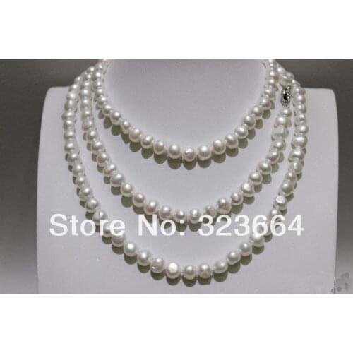 White long necklace Baroque Fresh water pearl necklace 7x9mm 48INCH