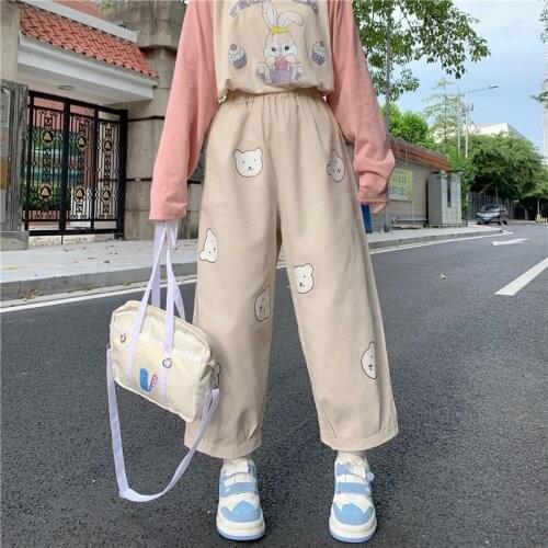 Women Pants Japanese Kawaii Soft Girl Cute Bear Printing Basis Wild High Waist Loose Trousers Elastic Waist Casual Student Pant