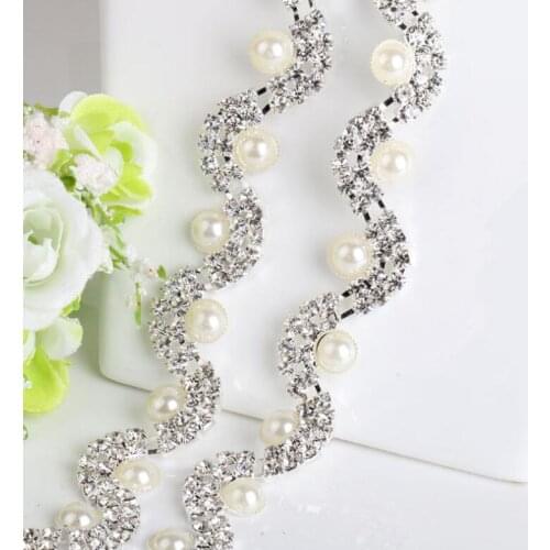 1 Yard Wholesale Imitation Beige Pearl Rhinestone Trim S Shape Rhinestone Bridal Chain for Headwear 15mm