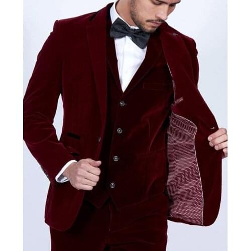 Hot Sale One Button Dark Red Velvet Groom Tuxedos Notch Lapel Groomsmen Mens Wedding Prom Suits (Jacket+Pants+Vest+Tie) NO:133
