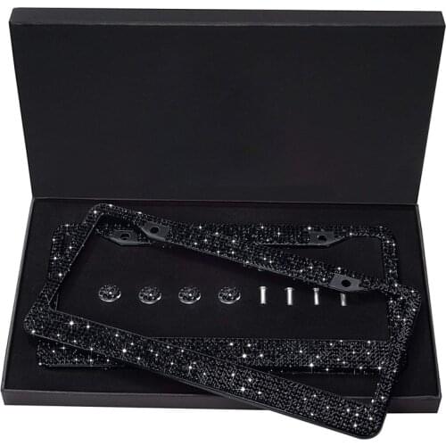 Classic Black Bling Rhinestone Premium Crystal Car License Plate Frame 2 Pack with Gift Box For USA Canada Truck Women Girls