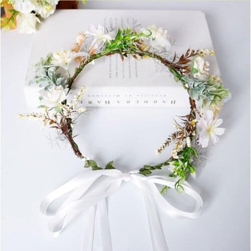 Korean Version Of Green Artificial Wreath Rattan Braided Headband White Head Flower Hair Accessory